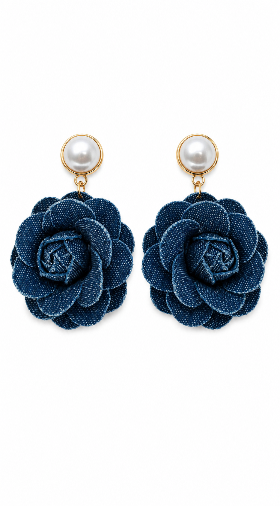 Denim Rose Pearl Statement Earrings