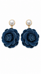 Denim Rose Pearl Statement Earrings